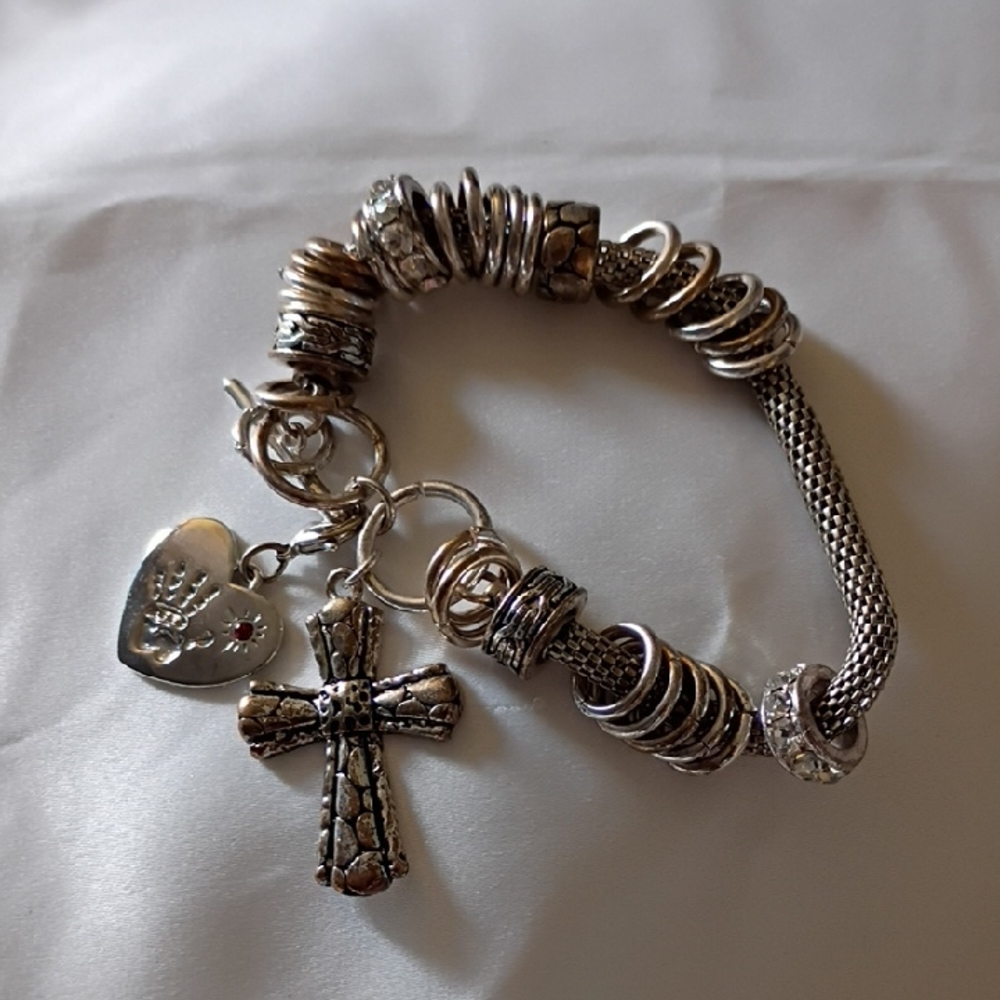 Sterling-Style Silver Cross & Heart Charm Bracelet - Women's Jewelry